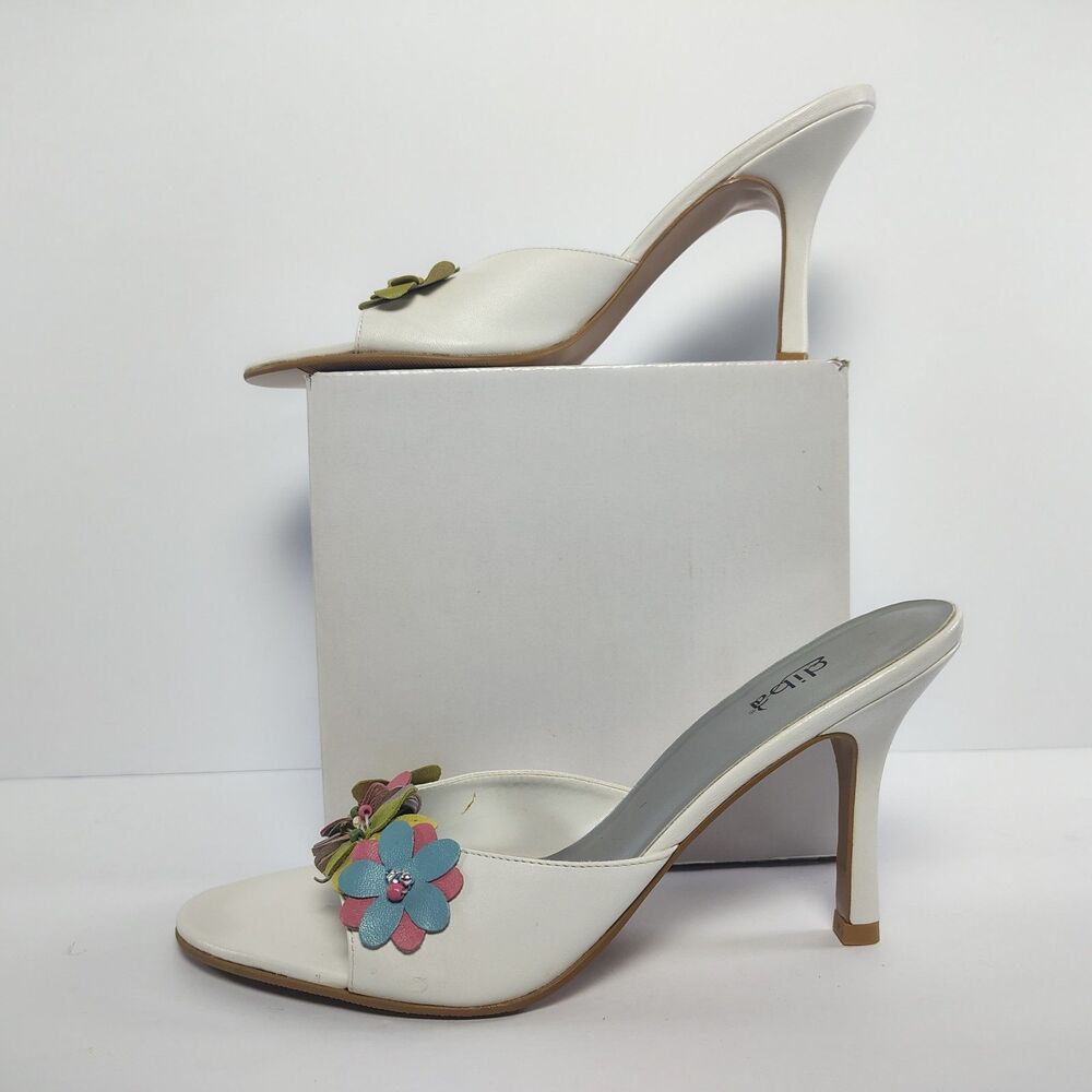 Diba Women's 9.5 Med White Leather Floral Embellishment Slide Stilleto Heels
